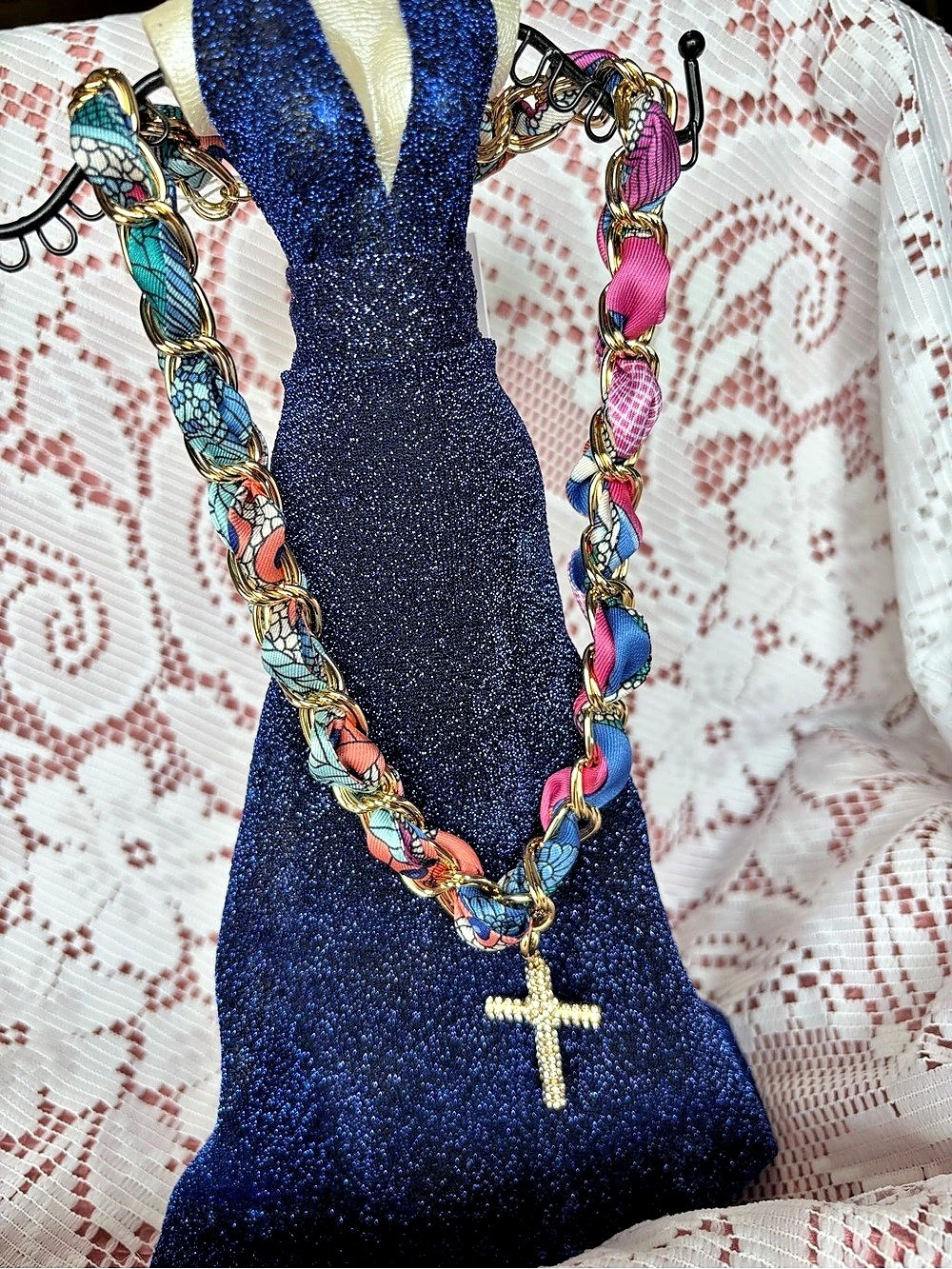 Jolie Cross Necklace in Blue Pink Versatile Multi Wear Removable Pendant